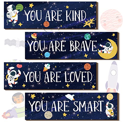 4 Pieces Space Decor Boys Room Space Posters Boy Bedroom Wall Decor Spaceman Wood Sign Inspirational Space Wall Art Boys Bedroom Decor Space Motivational Quote for Baby Kids Classroom Nursery - PUF HOUSE